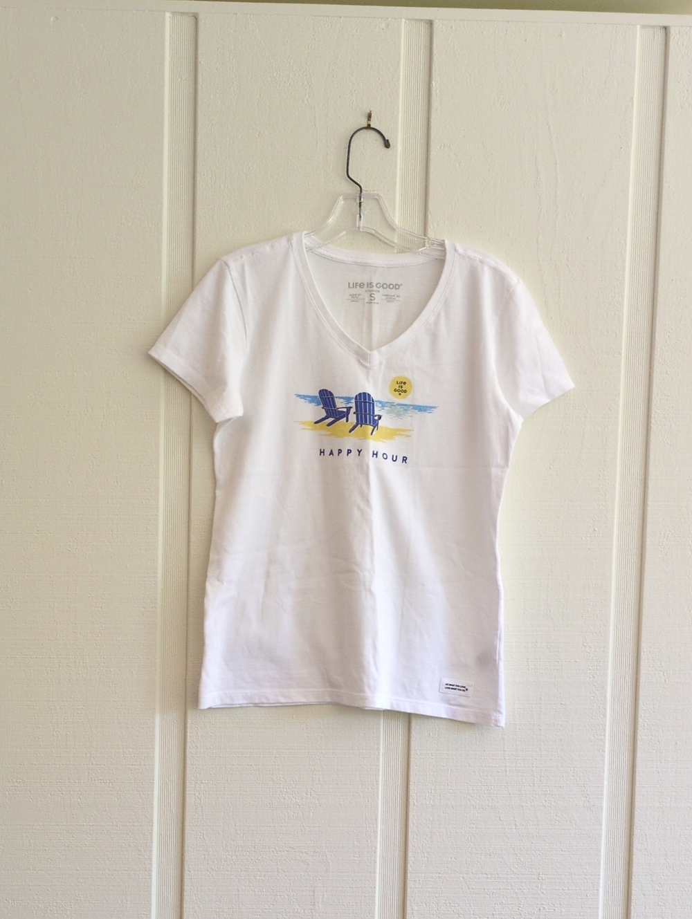 Life Is Good White V-Neck Tee with Blue Chairs and Yellow Sun